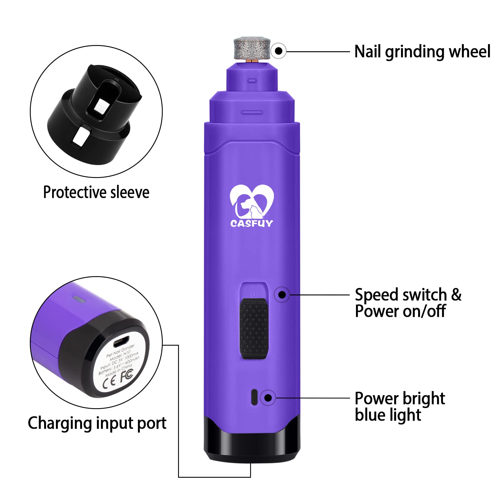 Casfuy dog nail grinder upgraded purple rechargeable battery with extended runtime.