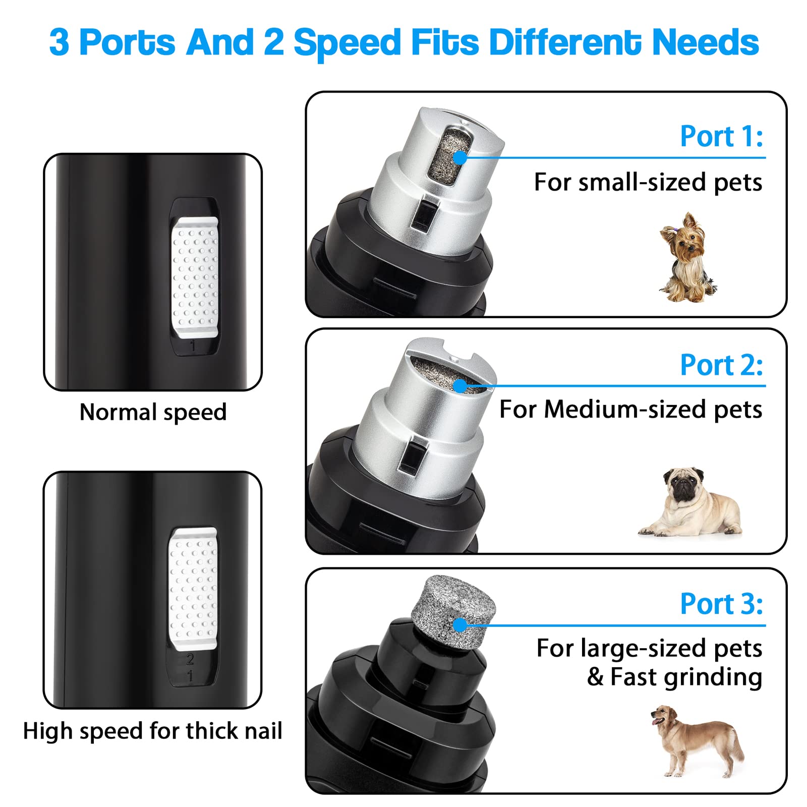Casfuy nail grinder 2-speed switch demonstrates versatile control for small to large pets.