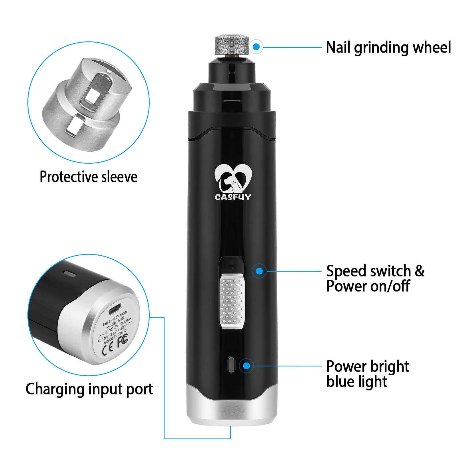 Casfuy nail grinder recharge indicator light signals charging status for convenient use.