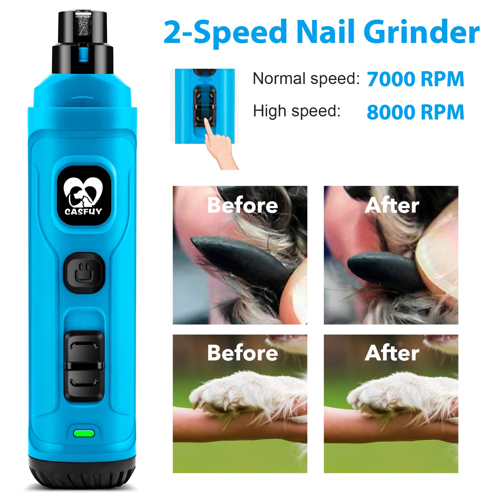 Casfuy nail grinder USB rechargeable for cordless grooming anywhere.