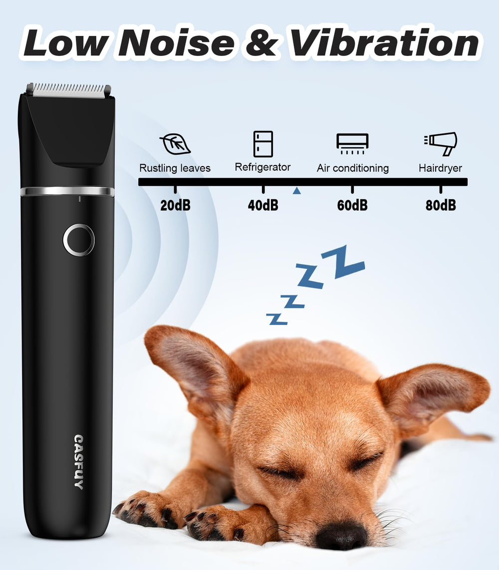 Casfuy pet grooming clipper showing low-noise operation in use