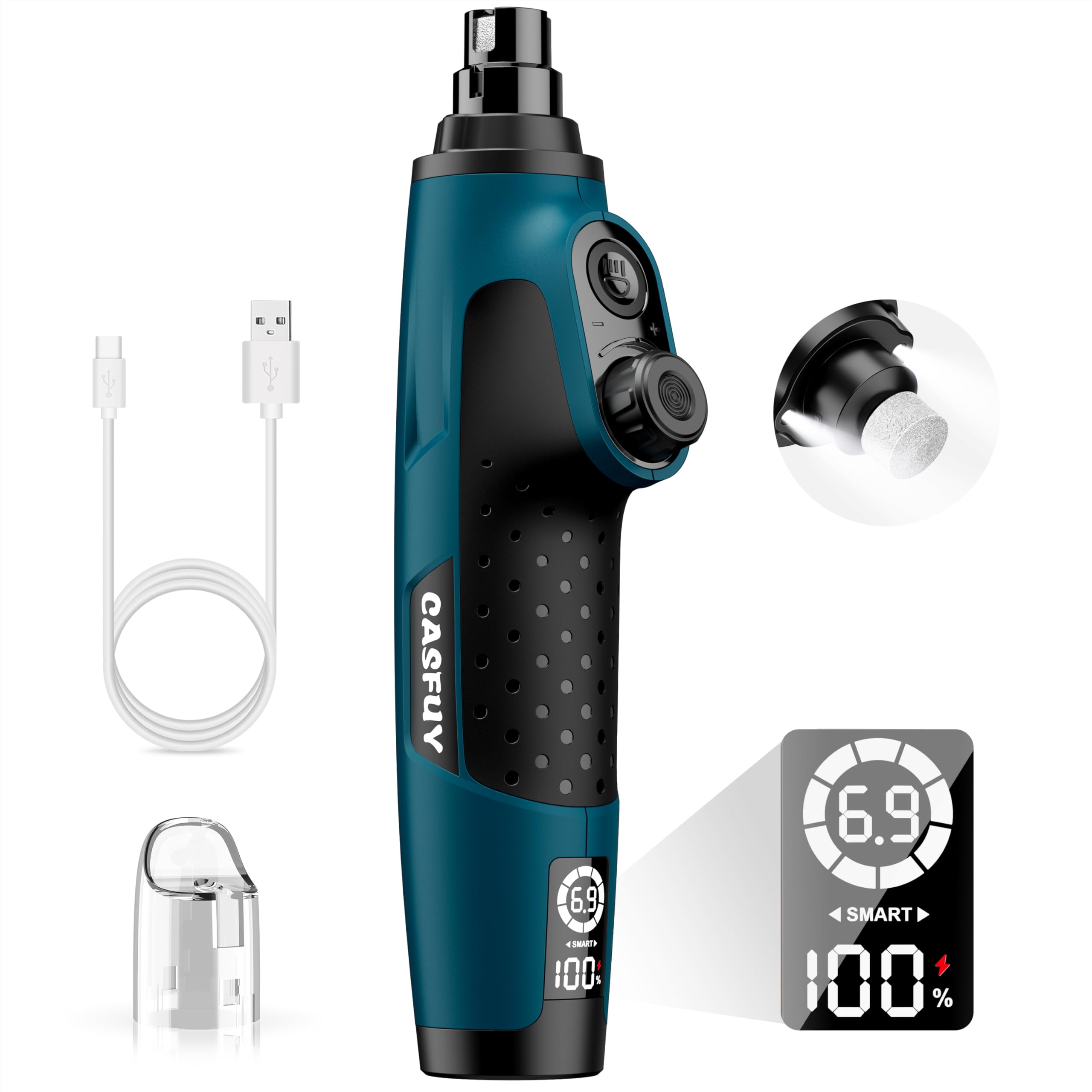 Casfuy Smart 6-Speed Dog Nail Grinder front view, compact design for easy handling during grooming.