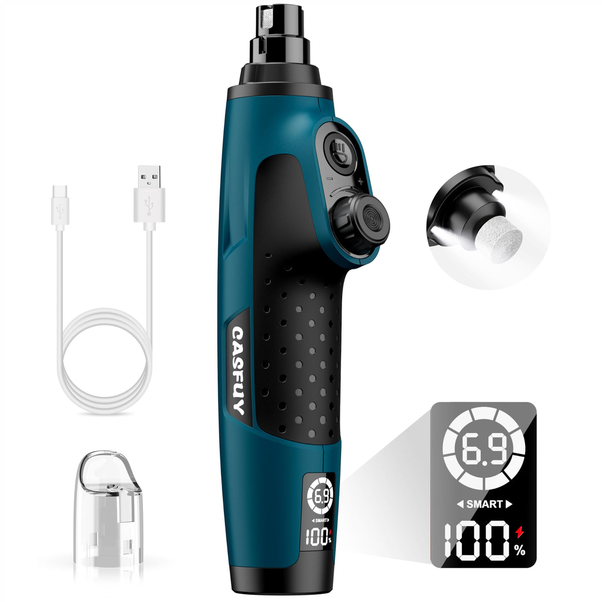Casfuy Smart 6-Speed Dog Nail Grinder front view, compact design for easy handling during grooming.