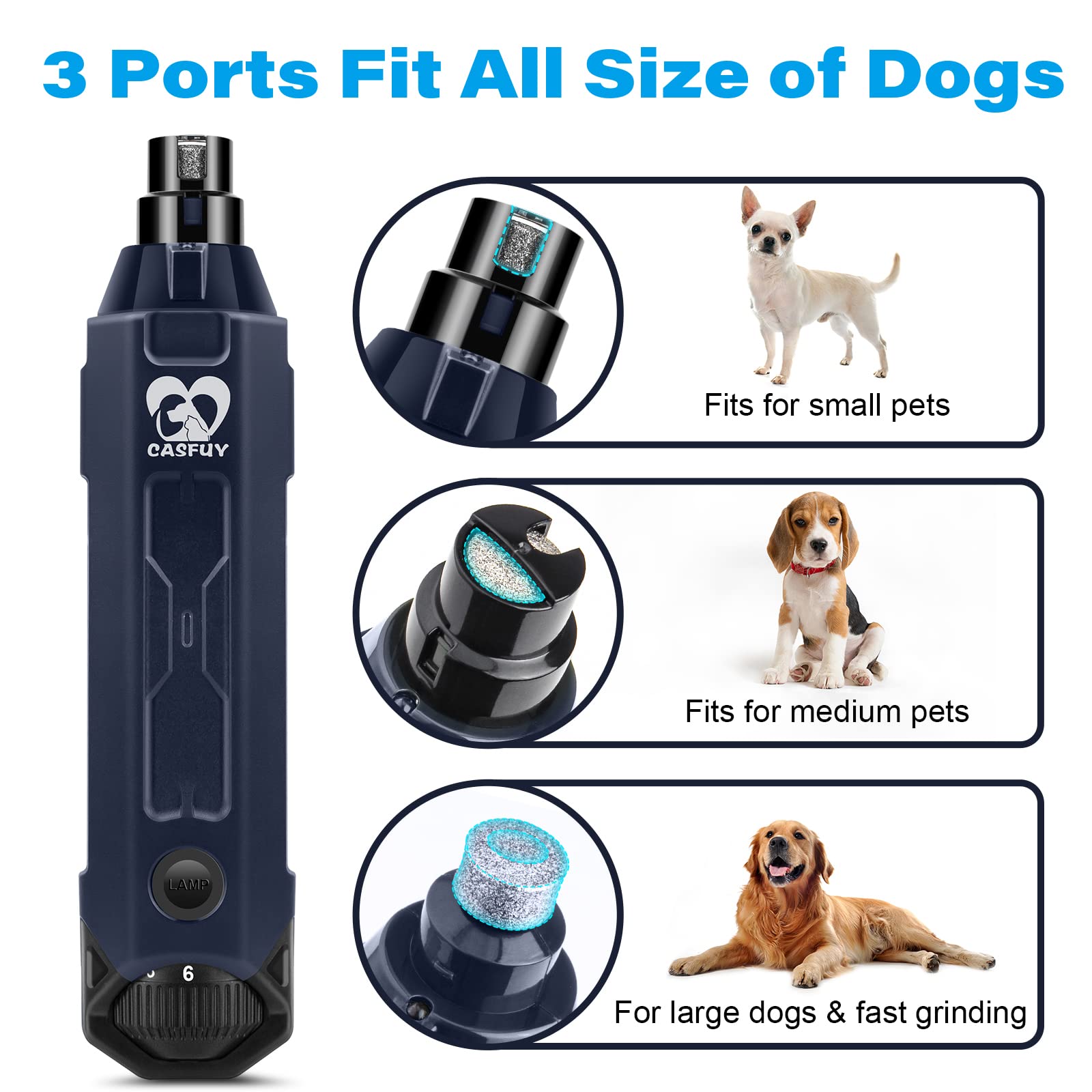 Casfuy USB rechargeable dog nail grinder with long runtime.