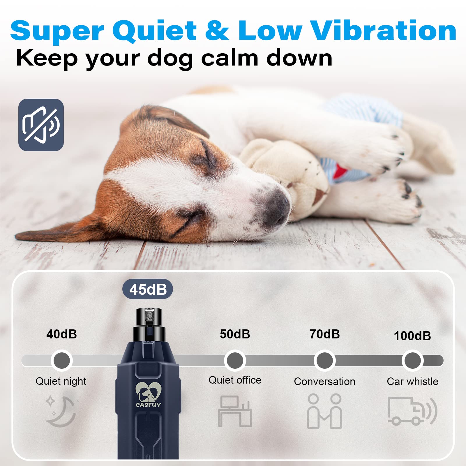 Casfuy whisper-quiet motor ensures calm grooming during home sessions.