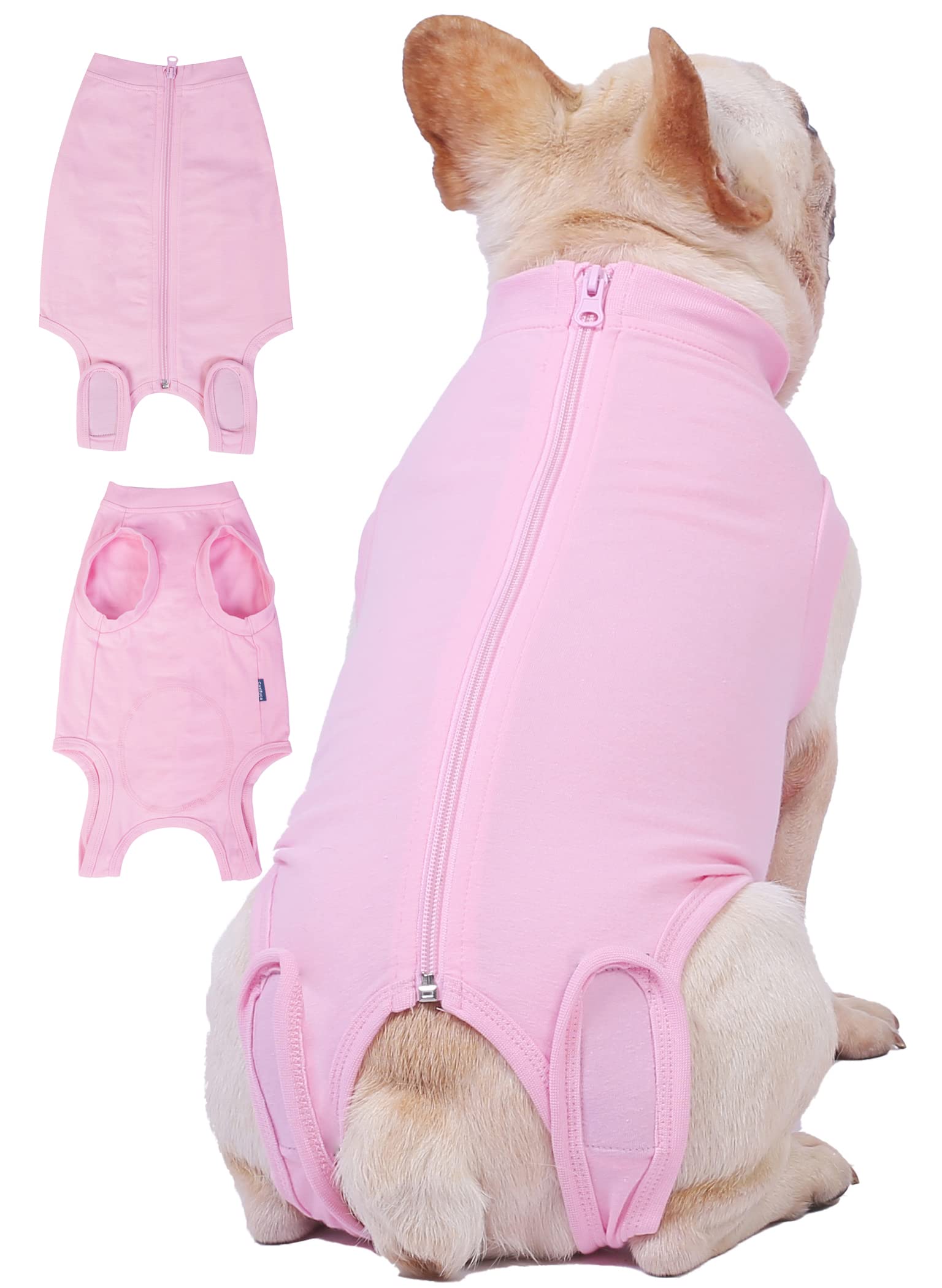 Caslfuca dog surgery recovery suit with back zipper for easy on-off during post-op care.
