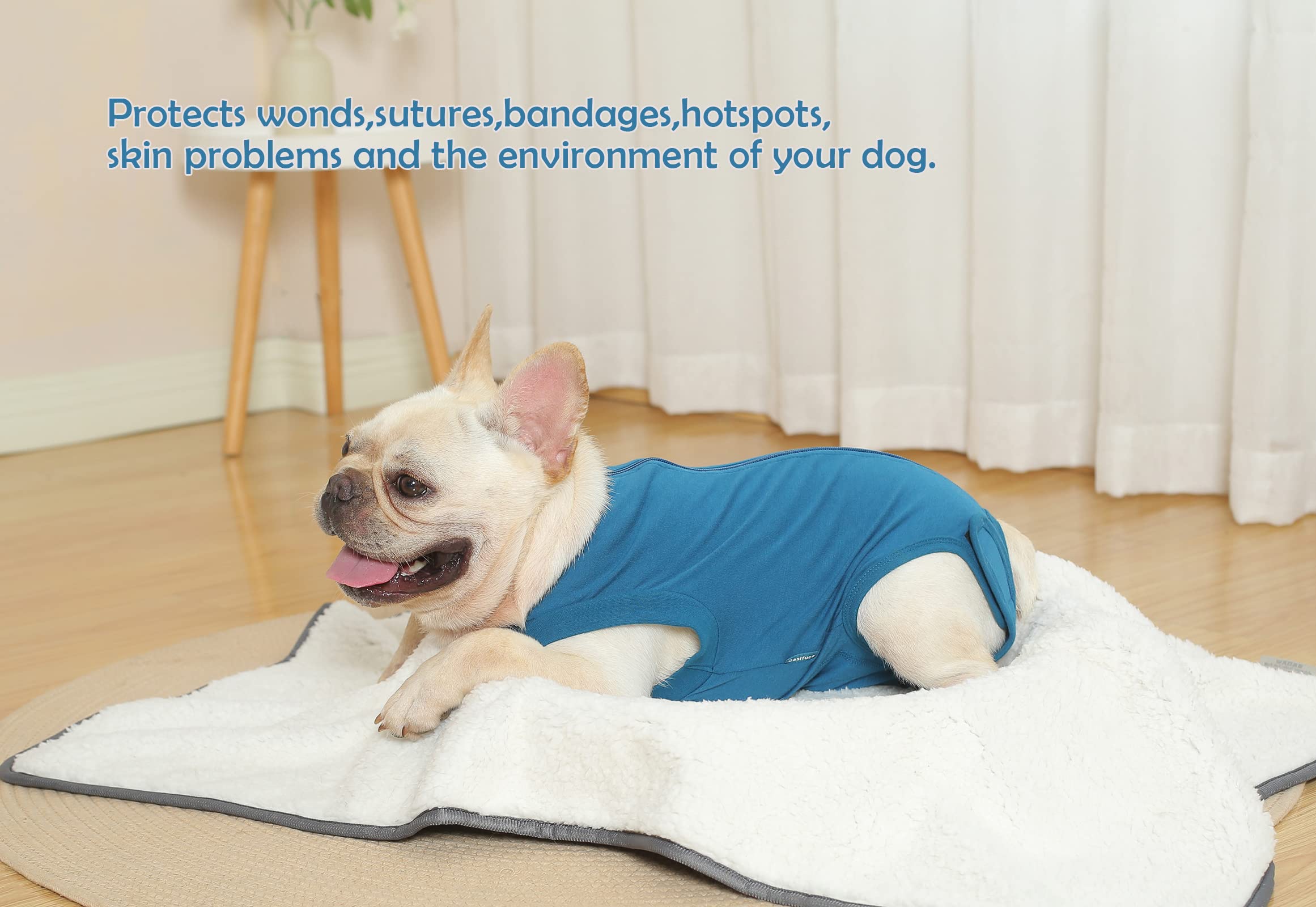 Caslfuca breathable dog recovery suit highlights soft cotton-spandex blend for all-day comfort.