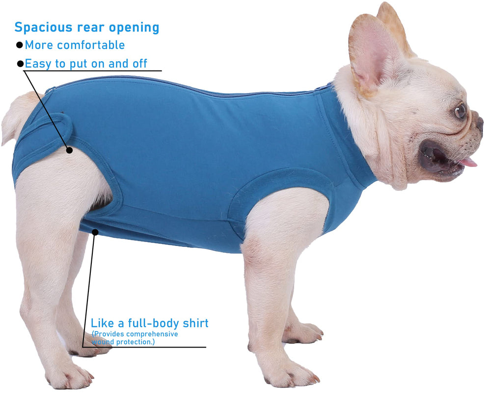 Caslfuca recovery suit demonstrates cone alternative for comfortable eating and resting.
