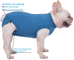 Caslfuca recovery suit demonstrates cone alternative for comfortable eating and resting.
