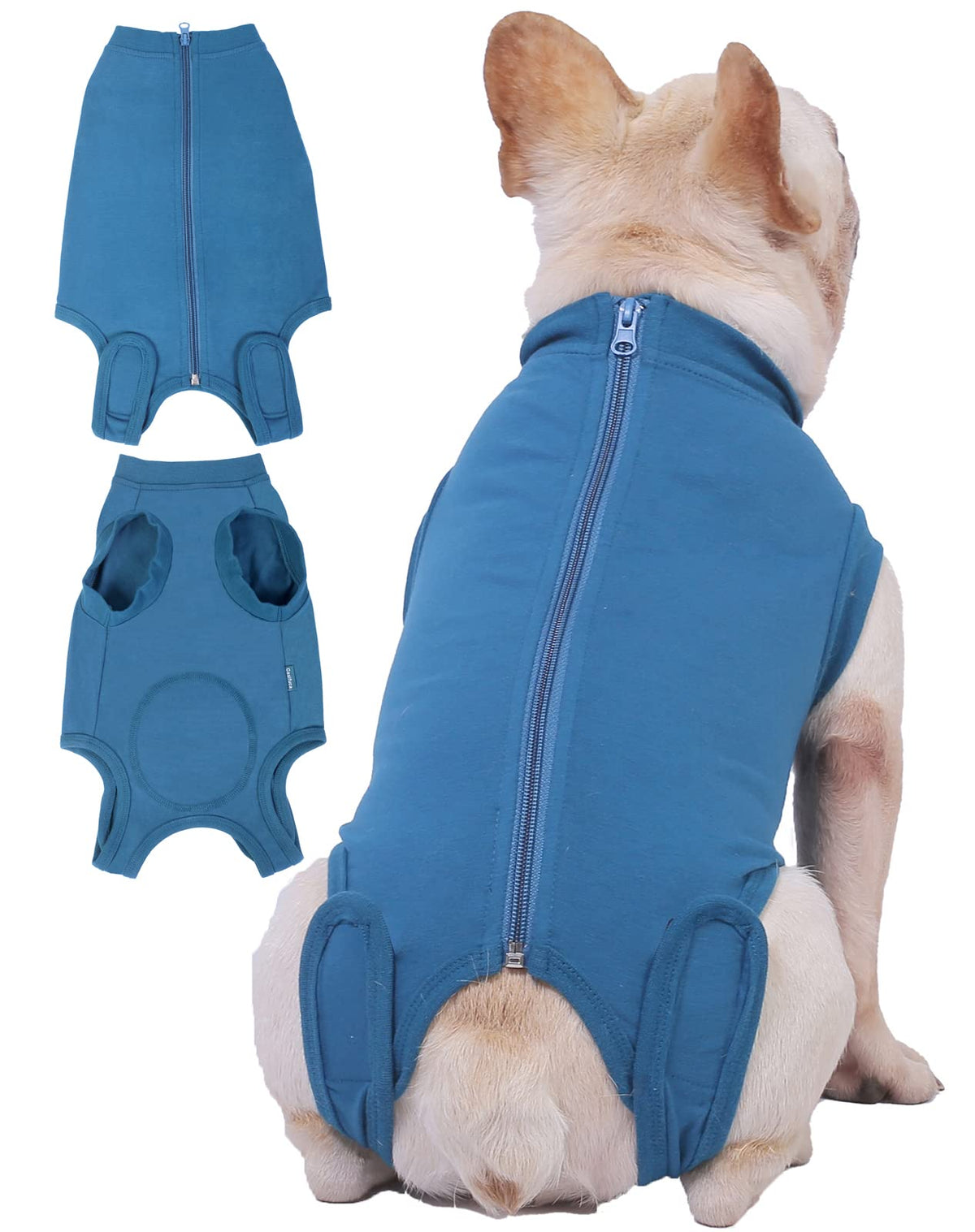 Caslfuca dog surgery recovery suit front view shows easy-on zipper for stress-free dressing.