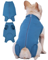 Caslfuca dog surgery recovery suit front view shows easy-on zipper for stress-free dressing.