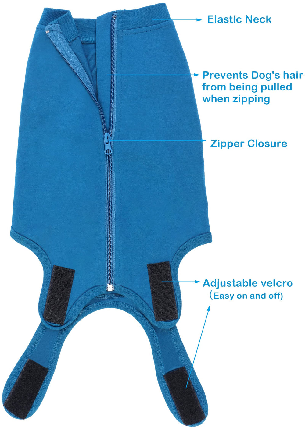 Caslfuca recovery suit for dogs shows post-op use on abdominal area and incisions.