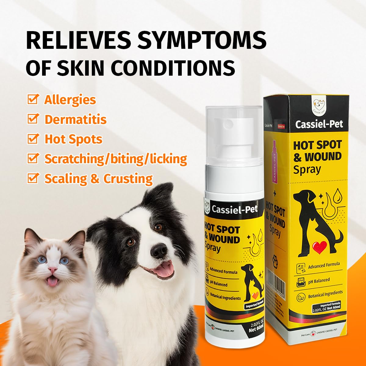 Cassiel pet hot spot spray being applied on skin for soothing hotspots.