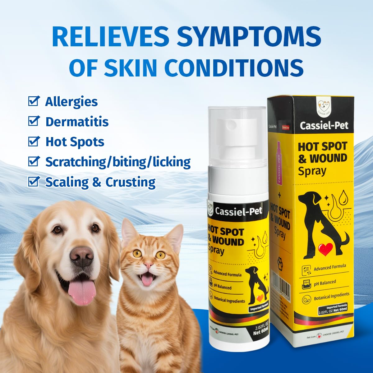 Cassiel Pet Hot Spot Spray mist shown for quick, soothing application on irritated skin.