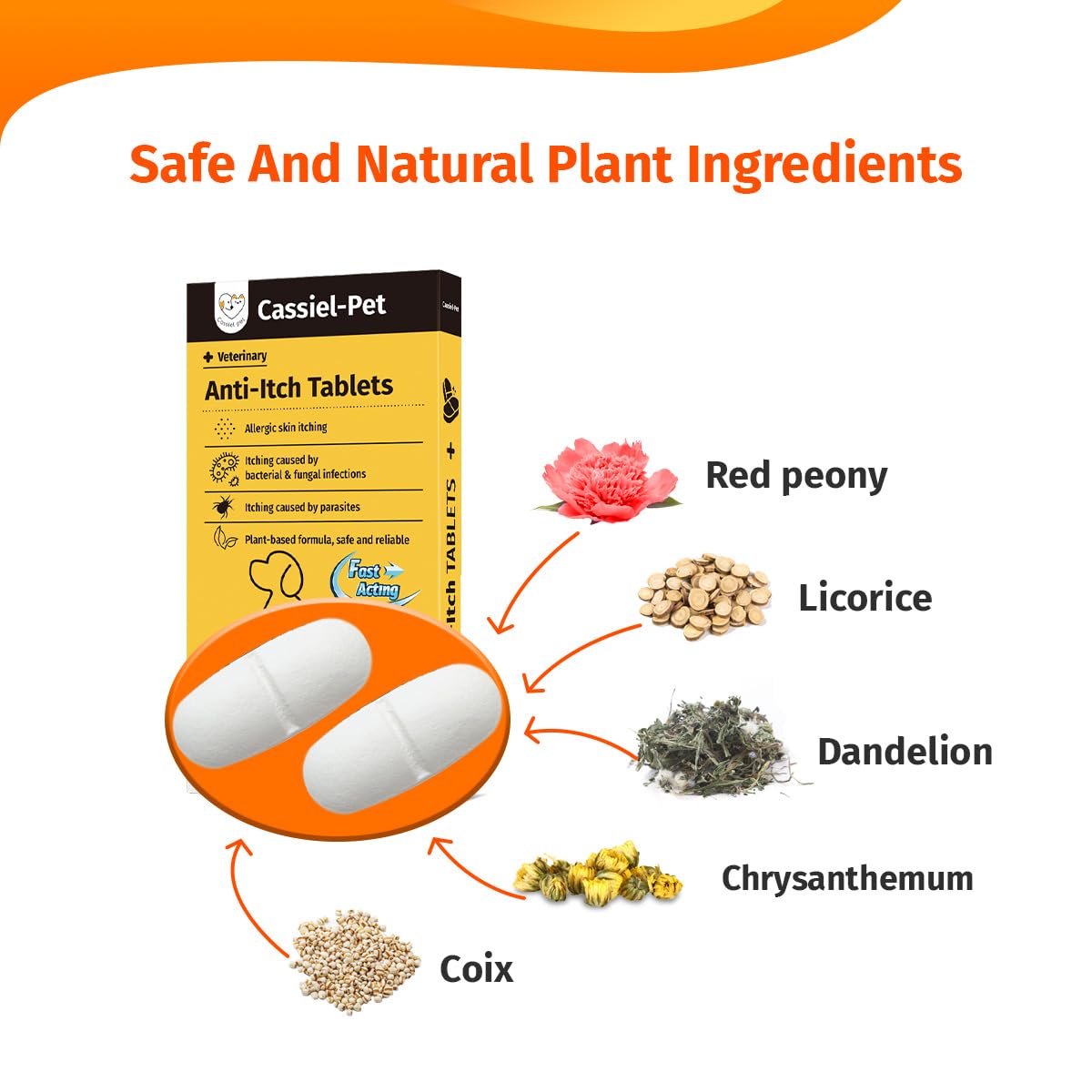 Cassiel pet ingredients red peony licorice chrysanthemum highlighted for natural support.