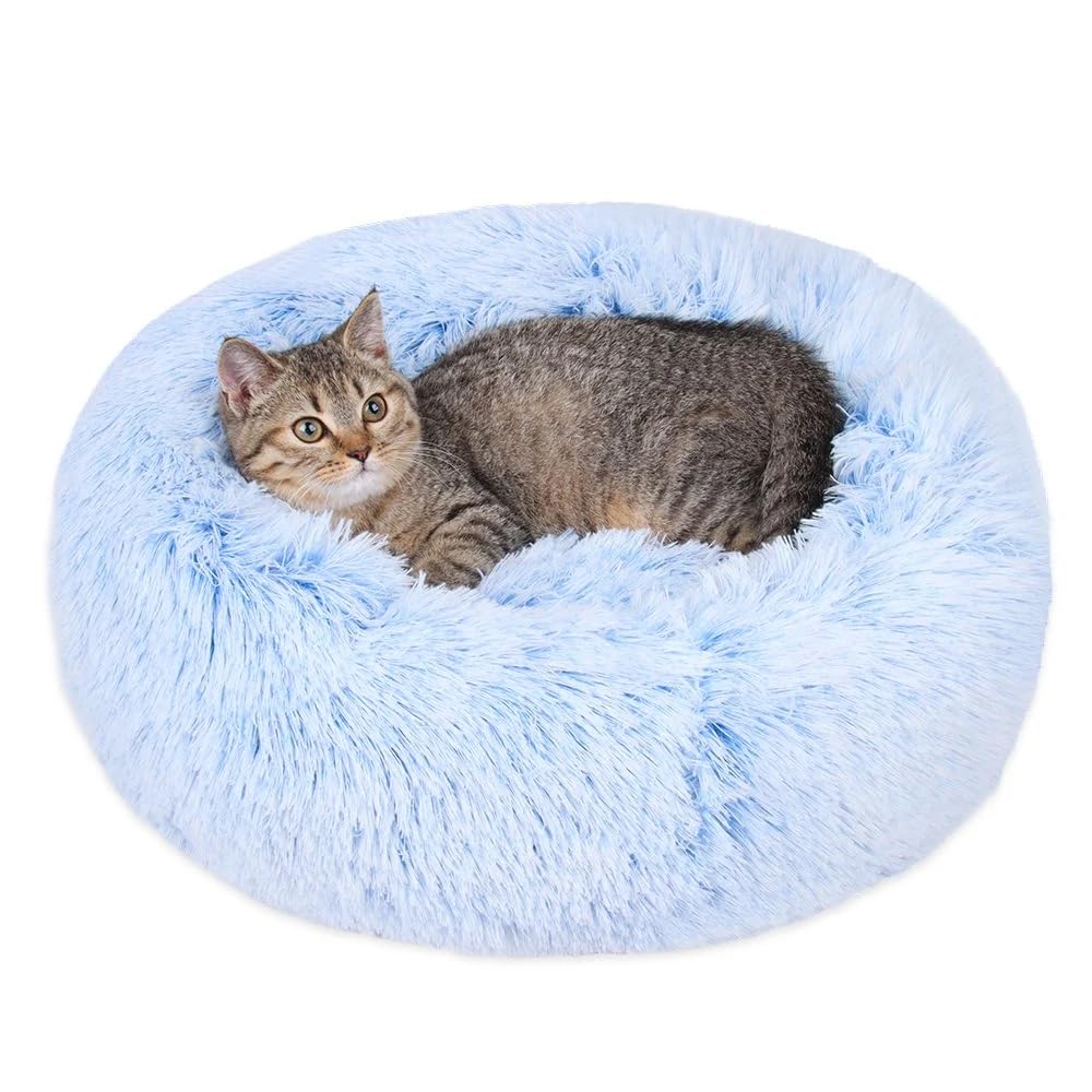Cat bed donut cornflower blue 20x20 provides cozy nesting for indoor cats.