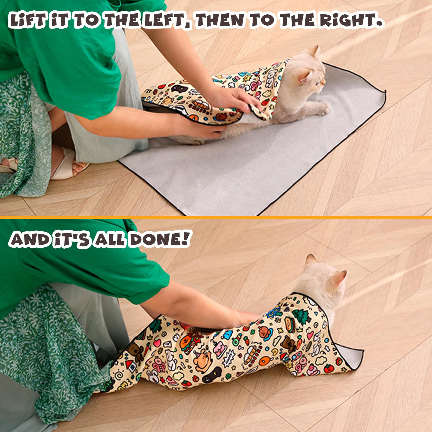 Cat Grooming Wrap features cute patterns making grooming a pleasant routine for you and cat.