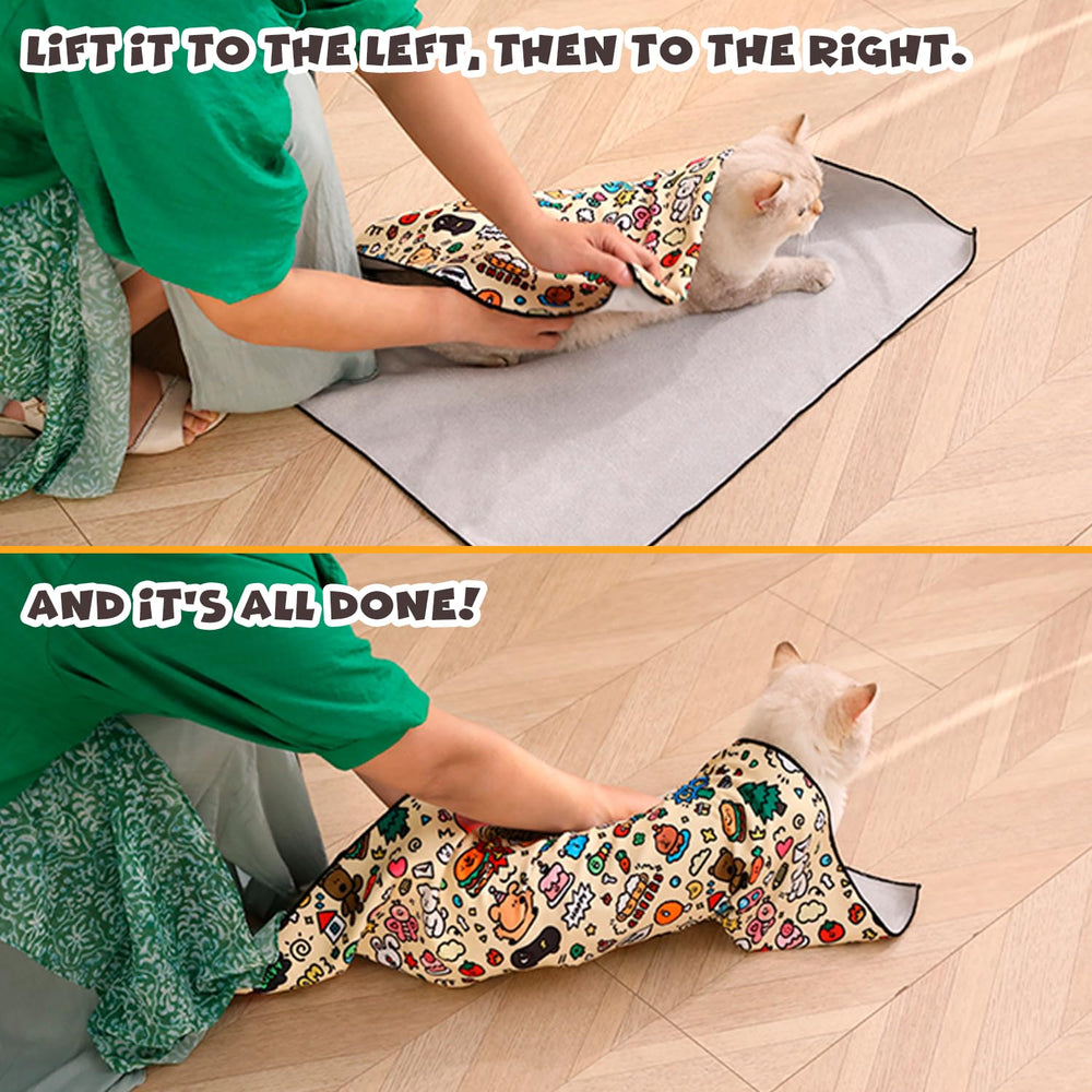 Cat Grooming Wrap features cute patterns making grooming a pleasant routine for you and cat.