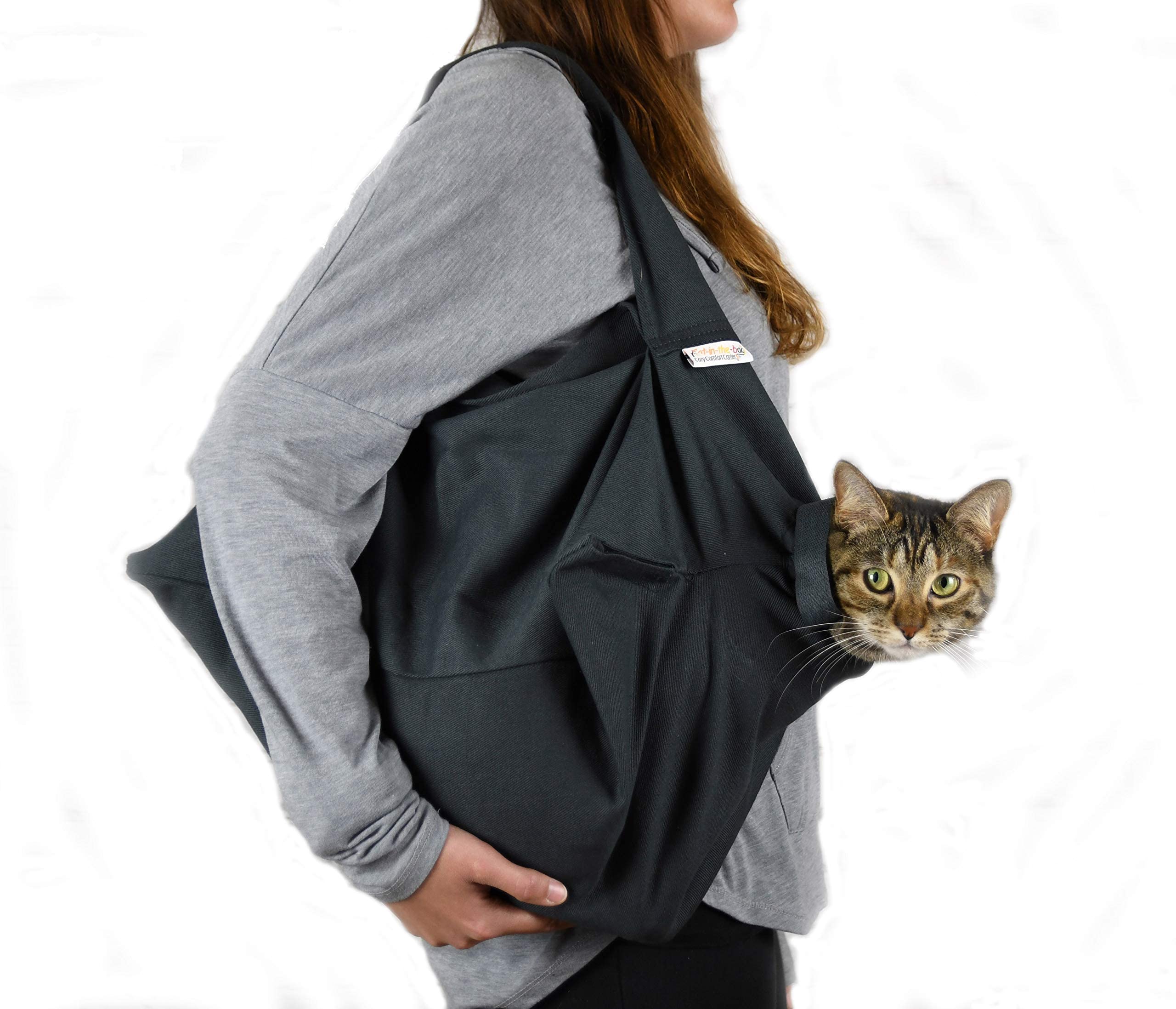 Cat-in-the-Bag Cozy Comfort Carrier charcoal closed view for calm vet visits.