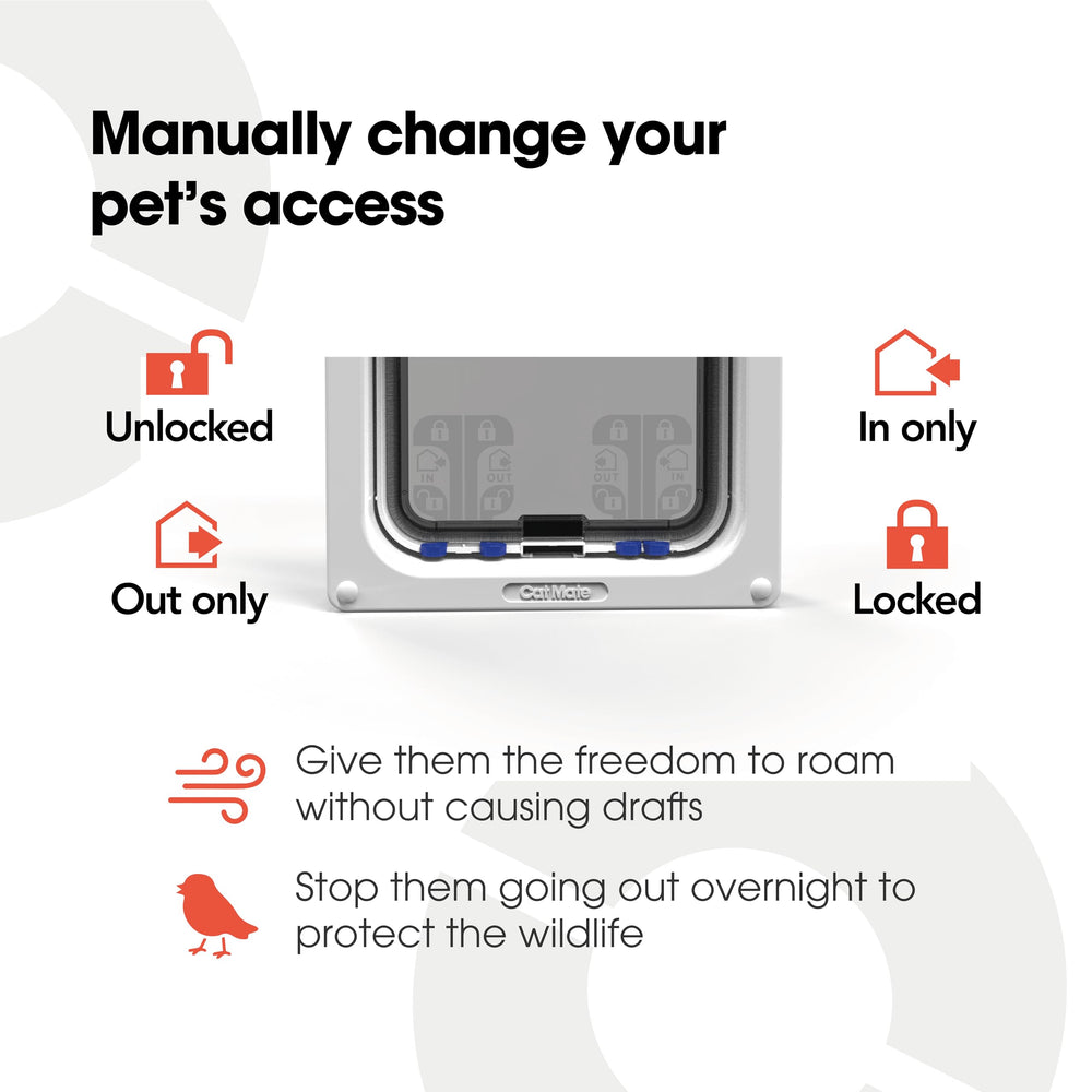 Cat Mate 4-Way Locking Large Cat Flap shows cut-out fit for UPVC/wood/metal