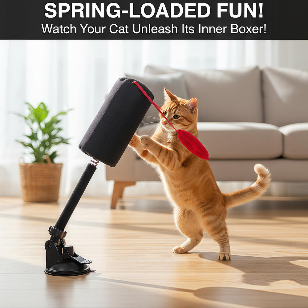 Cat punching bag toy dangling gloves enable interactive swats and practice.