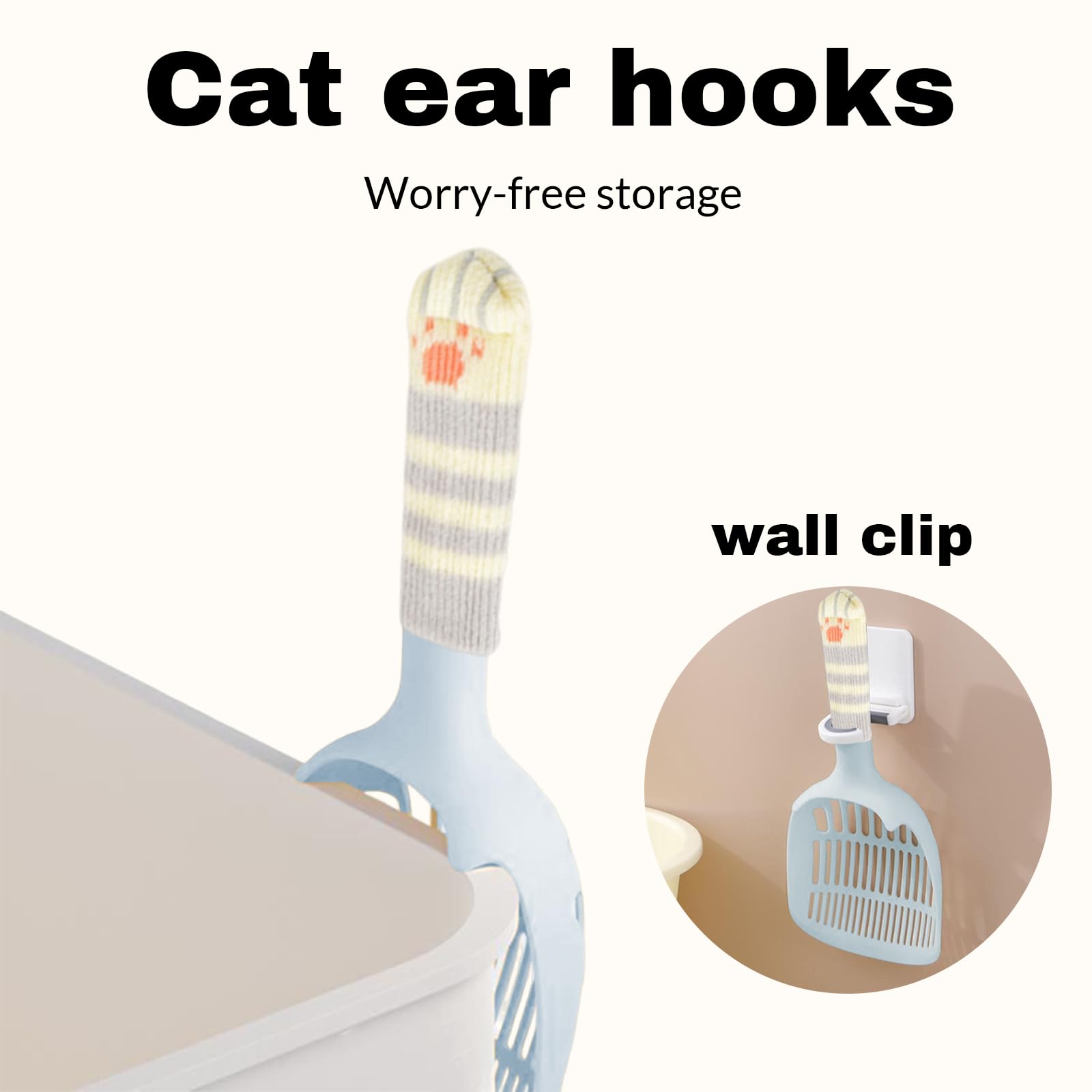 Cat scooper with cat-ear hanger stores neatly on litter boxes.