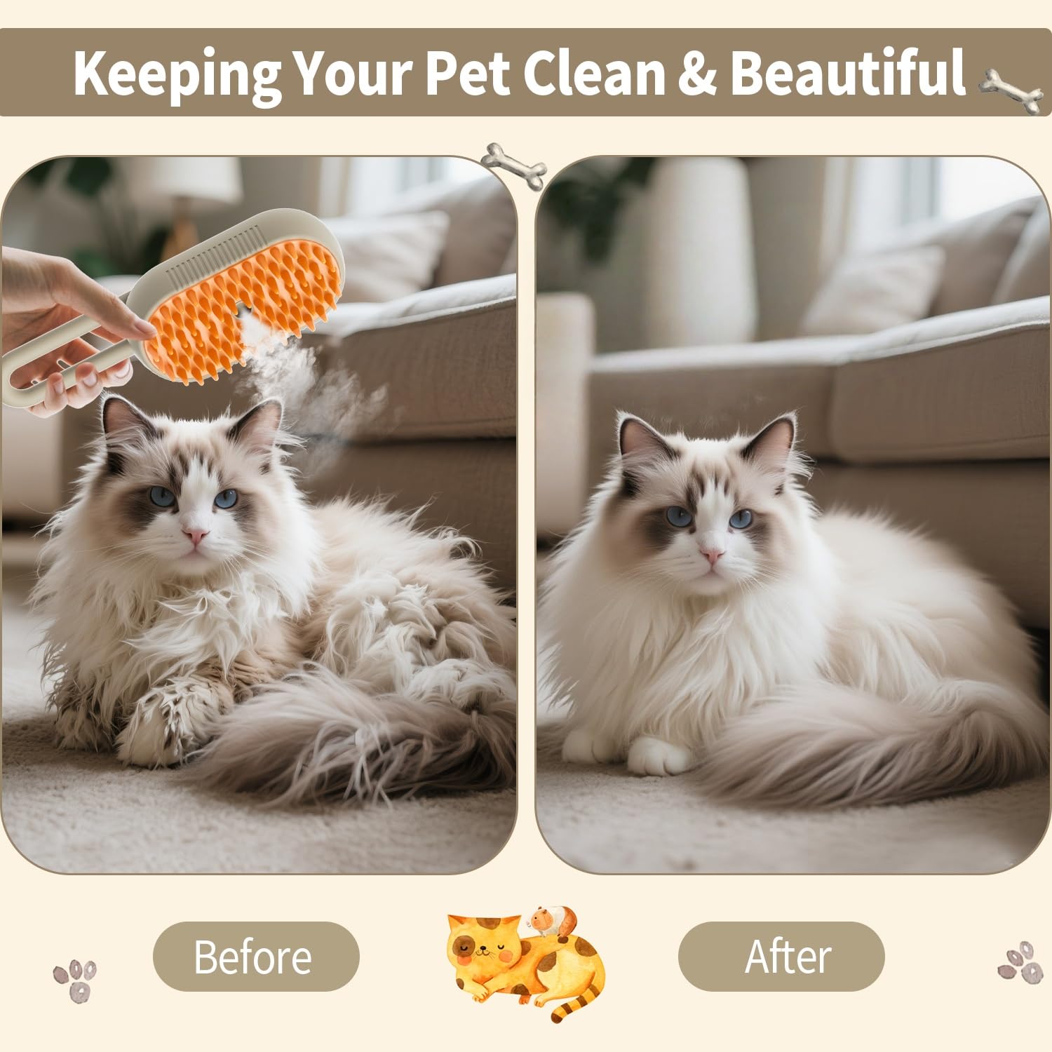 Cat Steam Brush soft-silicone bristles glide through fur smoothly