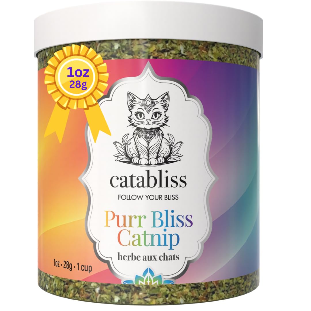 Catabliss Catnip jar packaging shows resealable lid preserving potency for long-lasting aroma.