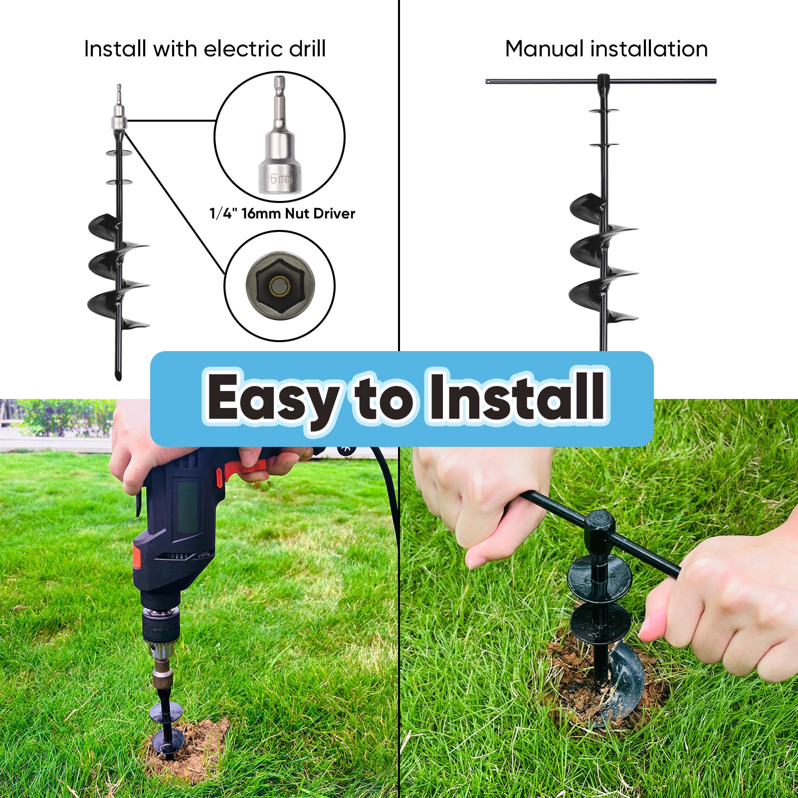 CatAve spiral stake installation showing easy insertion into varied terrain