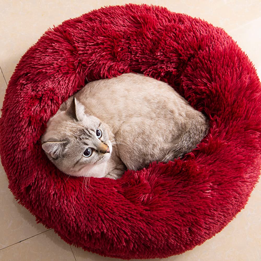 CatBed Round Red 20in outer plush provides cozy, secure curling space