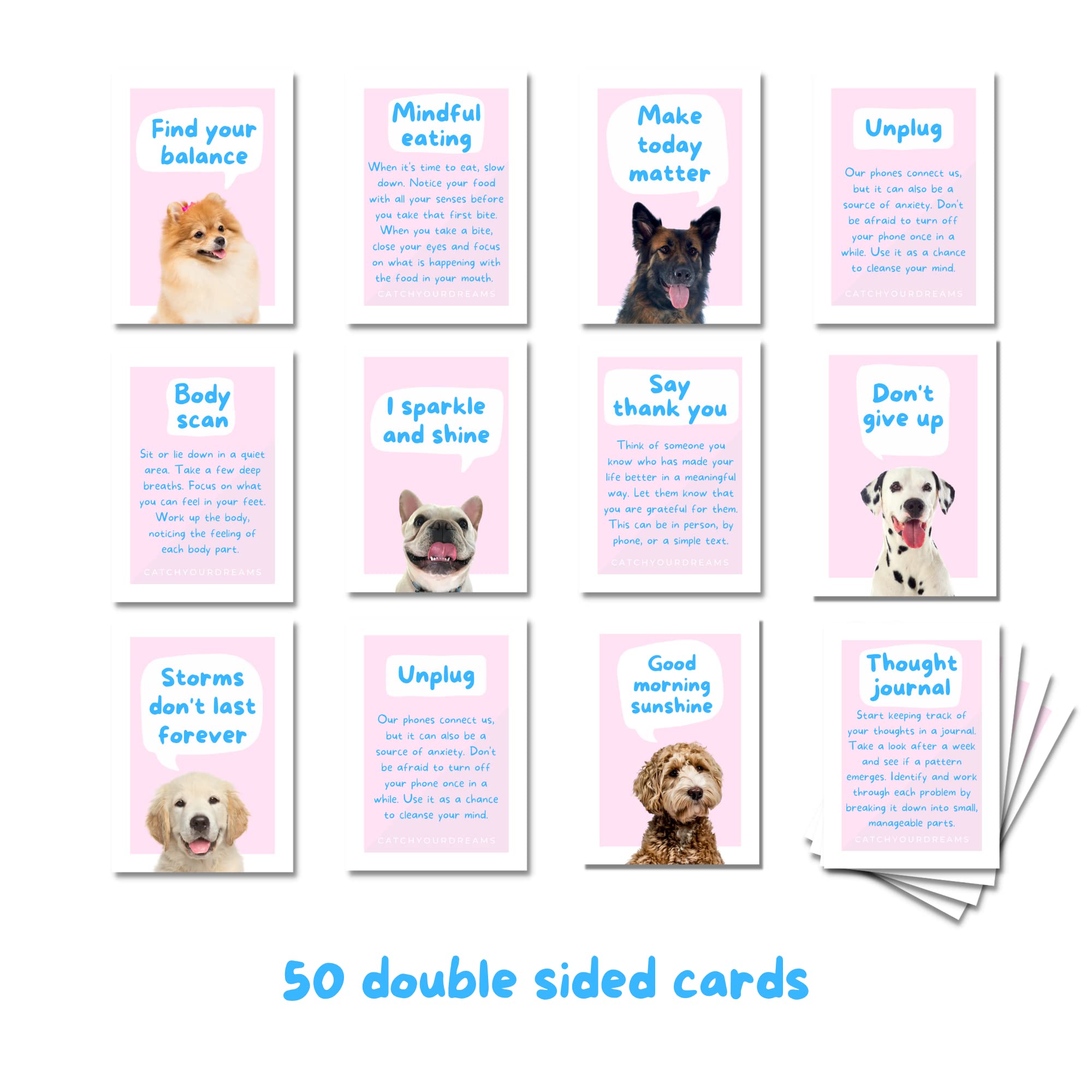 CatchYourDreams Dogs Against Anxiety Card Pack image—pocket-sized mindfulness prompts for quick mood boosts.