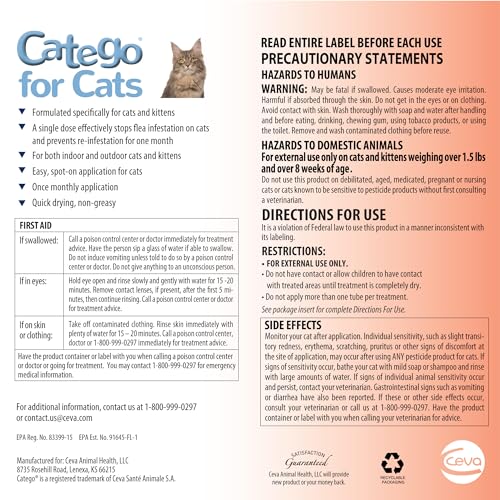 Catego for Cats kills fleas on contact, reducing parasite spread.