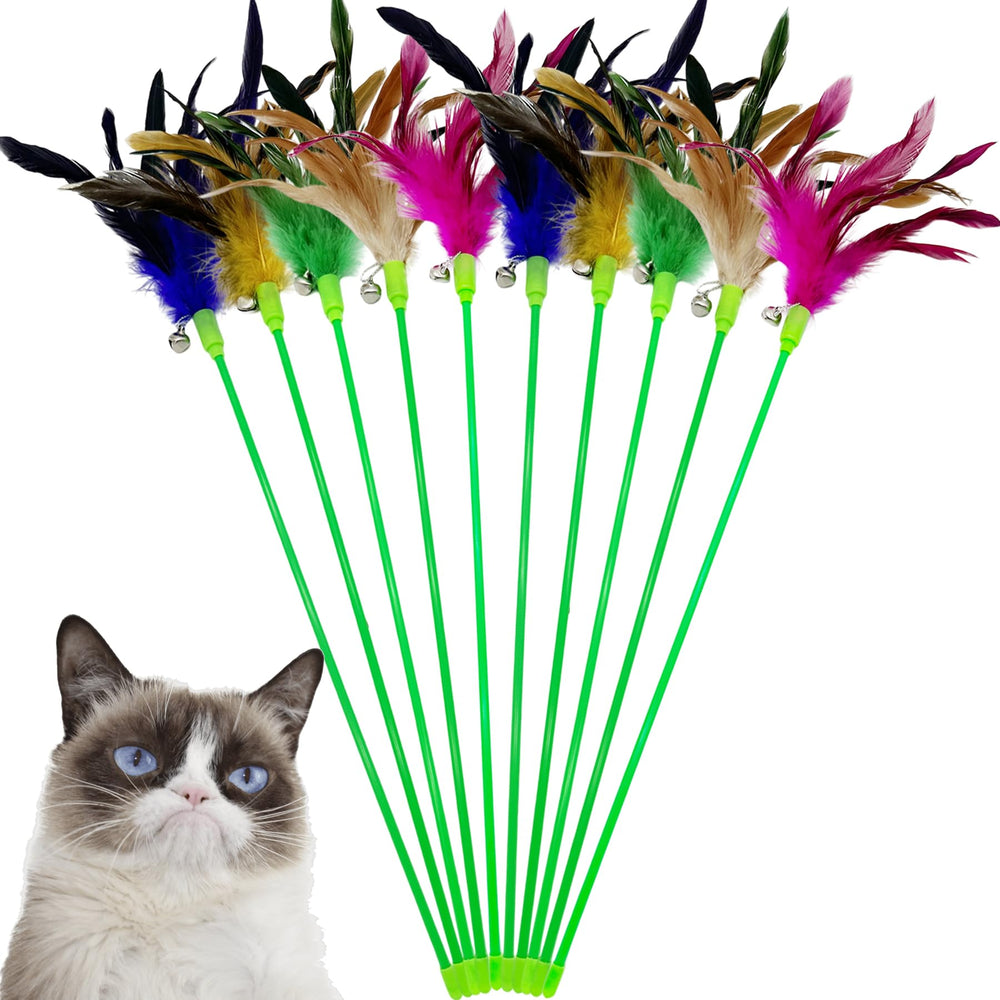 CATENEED Interactive cat wand feather toy – bright colors engage indoor play with a chirpy bell.