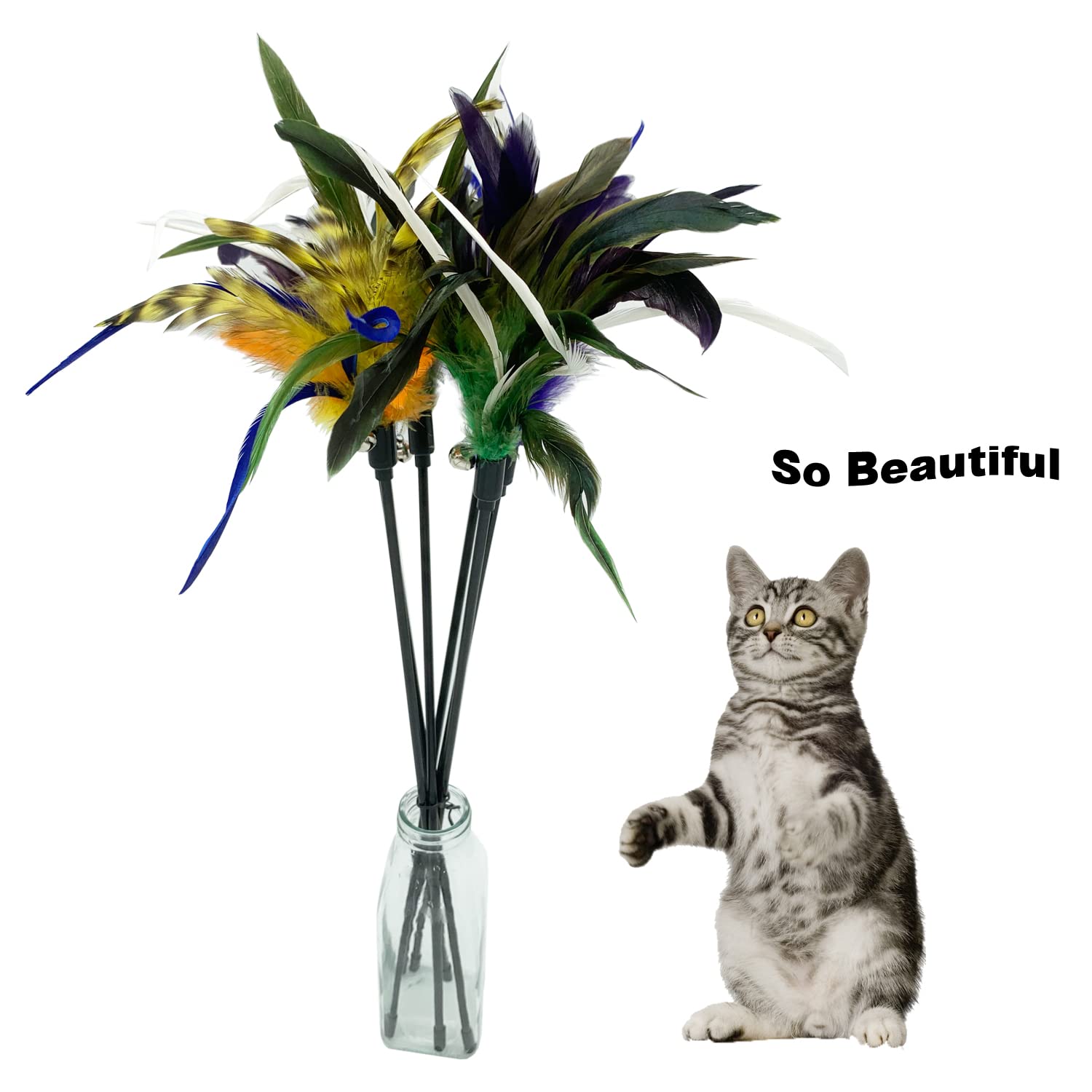 CATENESS cat wand feathers with tinkle bell boosts attention and playful hunting instincts.