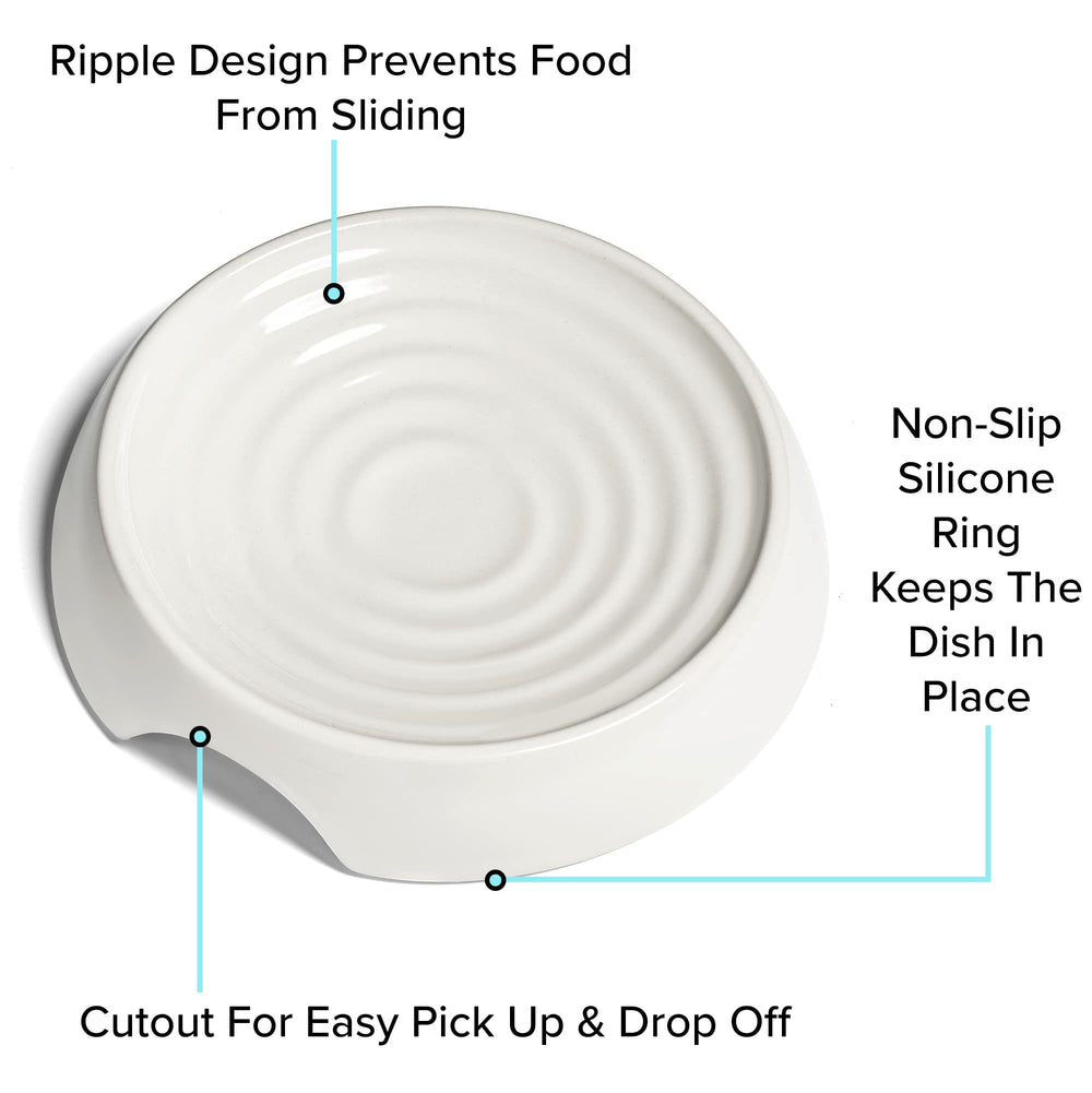 CatGuru bowls showing 5-ounce capacity for portion-controlled cat meals.