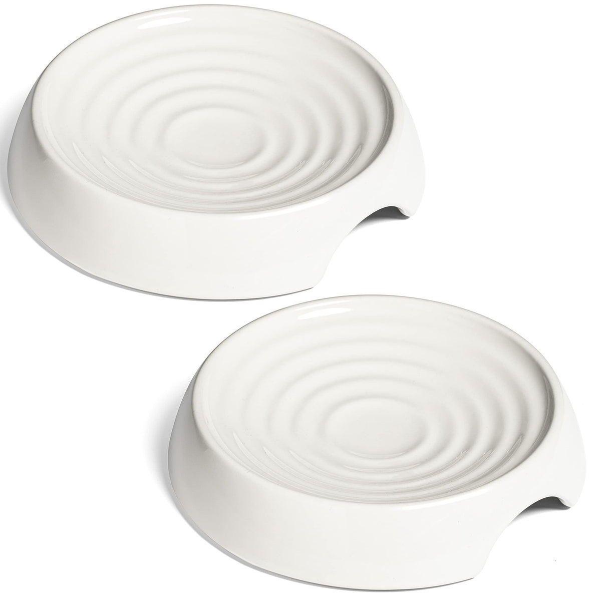 CatGuru Cat Bowls set of two white ceramic dishes with whisker-relief shallow design.