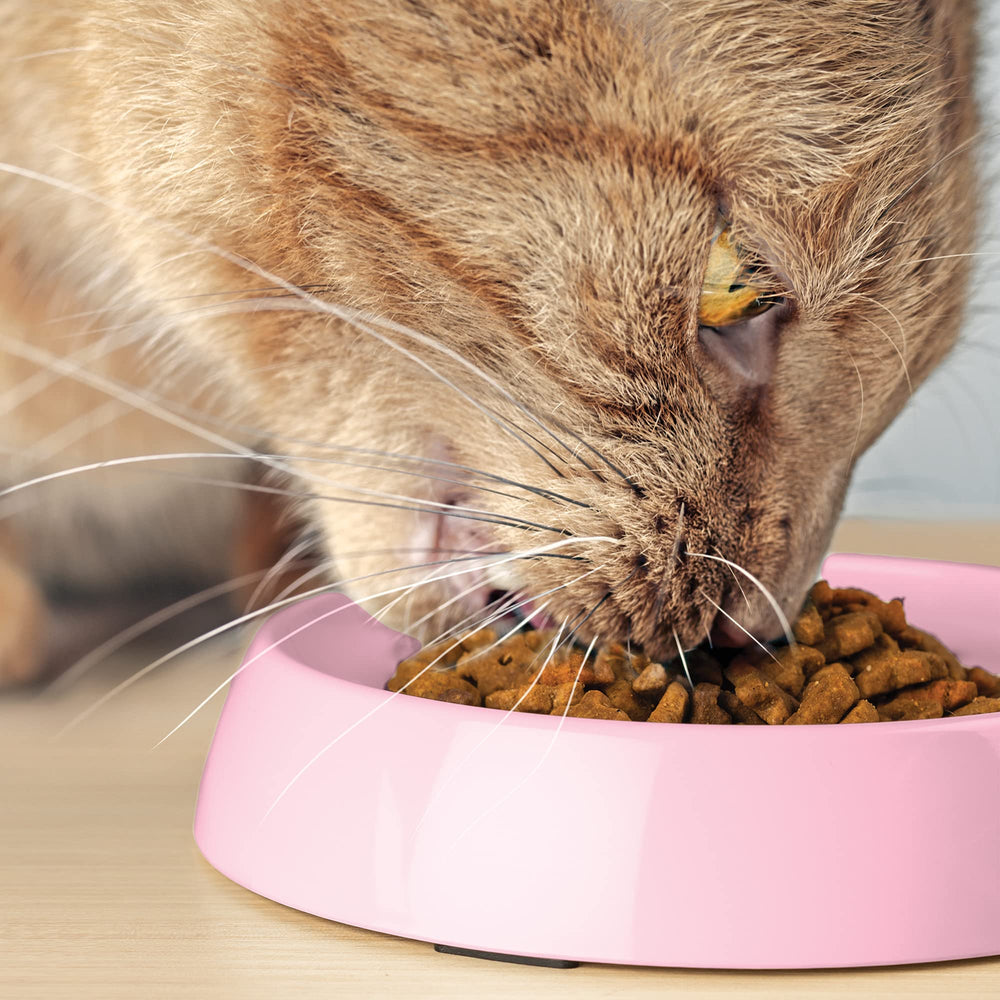 CatGuru cat food mat tray pairing in pink complements the bowls