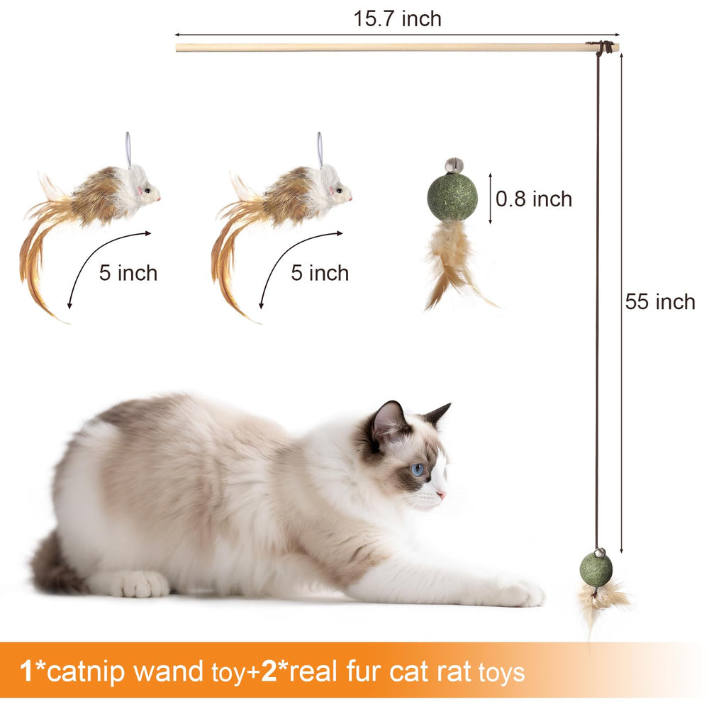 Caticalife wand toy with wooden handle enables easy interactive sessions.