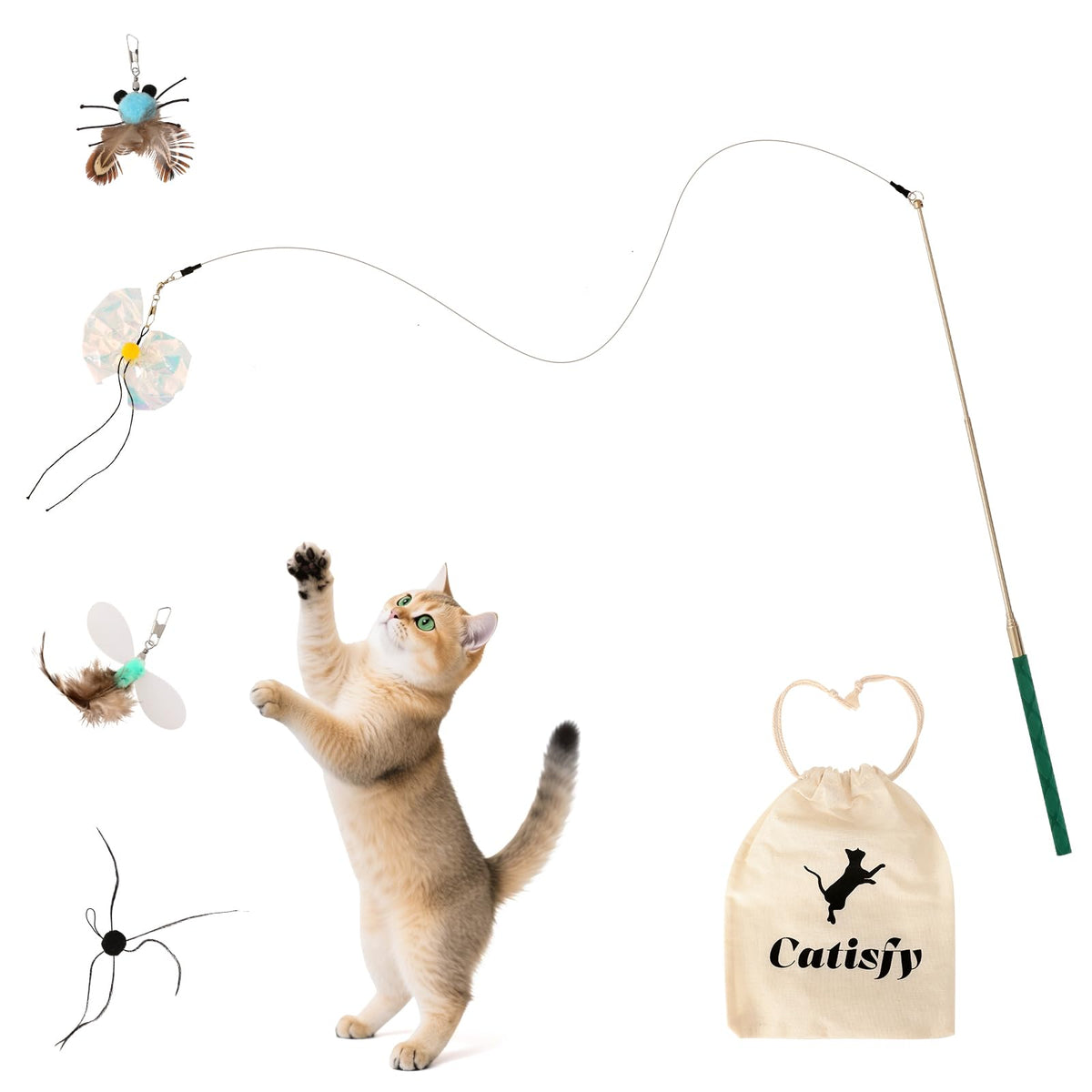 Catisfy Cat Wand Toy shows extended retractable wand for versatile indoor play