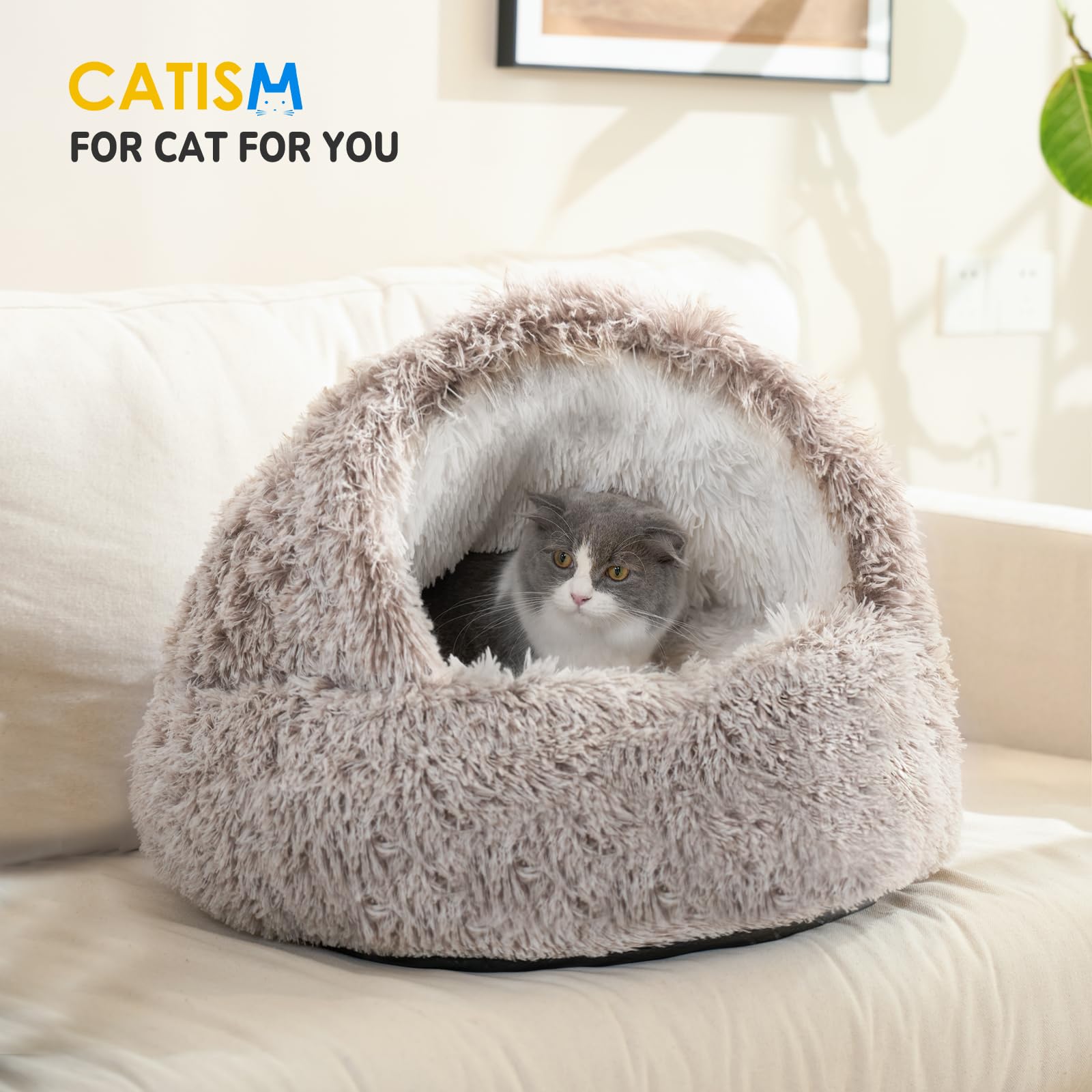 CATISM cat bed hooded easy-clean zipper highlights convenient removal for washing.