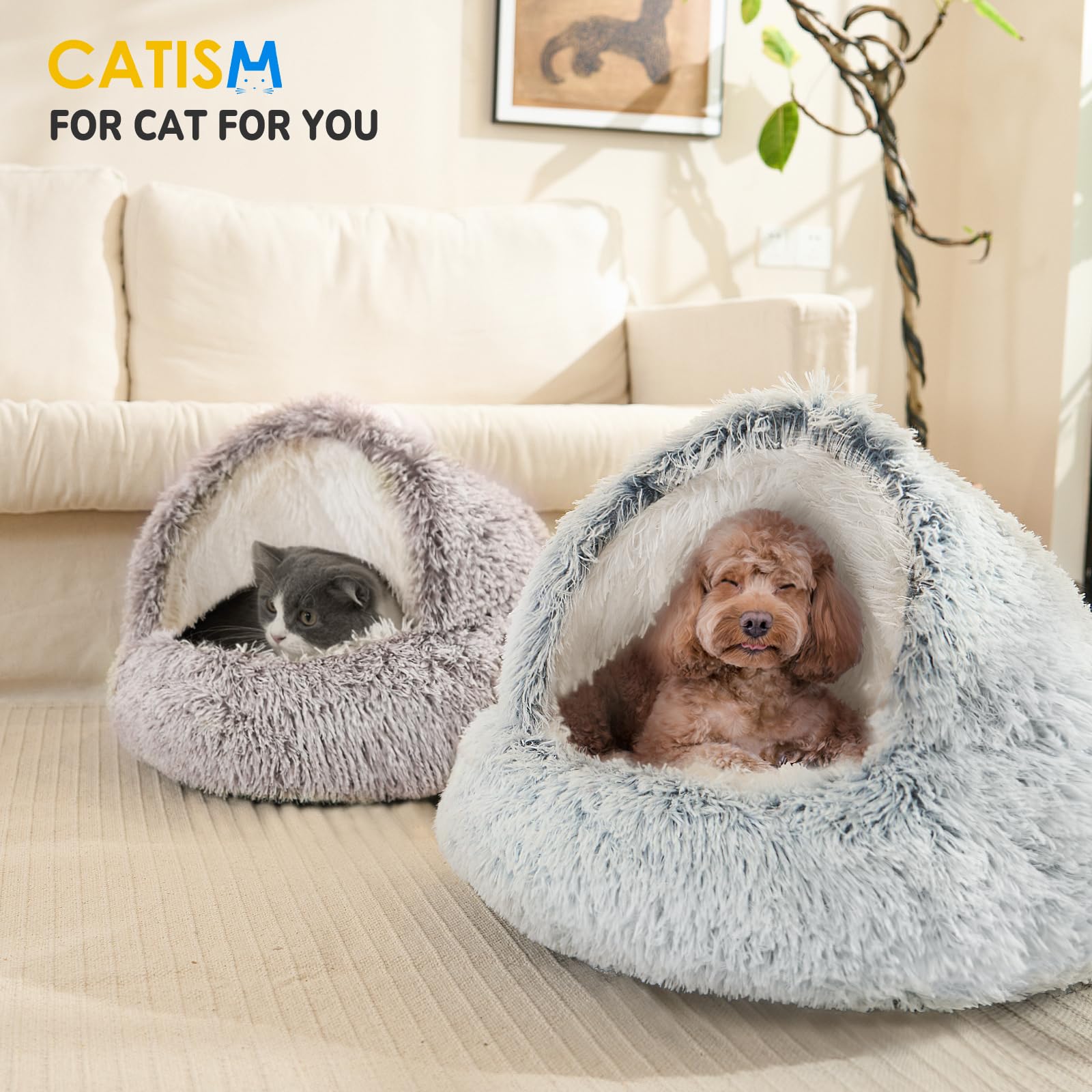 CATISM cat bed hooded pet-dog-use indicates versatile cozy cave for pets.