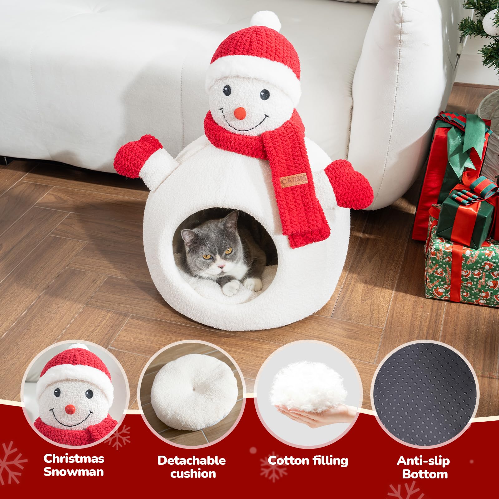 CATISM Christmas Cat Bed fabric close up shows teddy fleece warmth and softness.