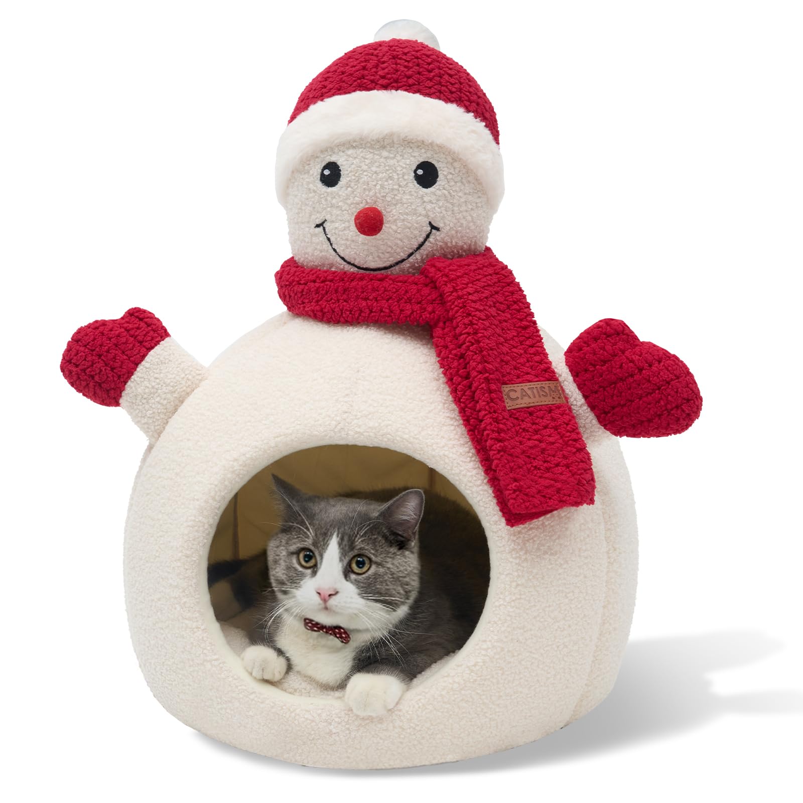 CATISM Christmas Cat Bed front view shows a festive snowman design for cozy indoor cats.