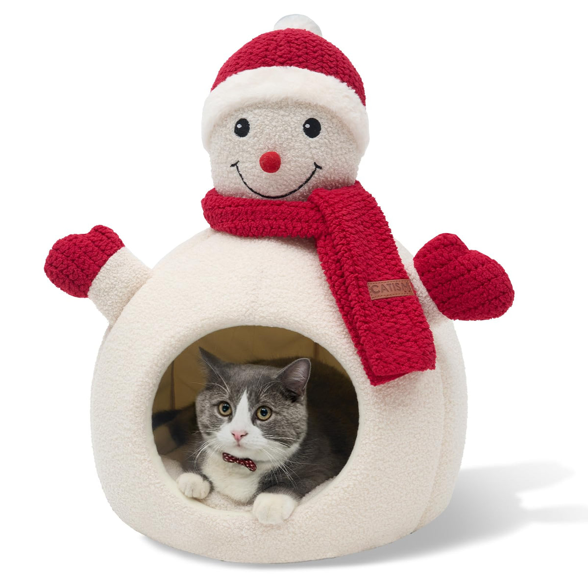 CATISM Christmas Cat Bed front view shows a festive snowman design for cozy indoor cats.