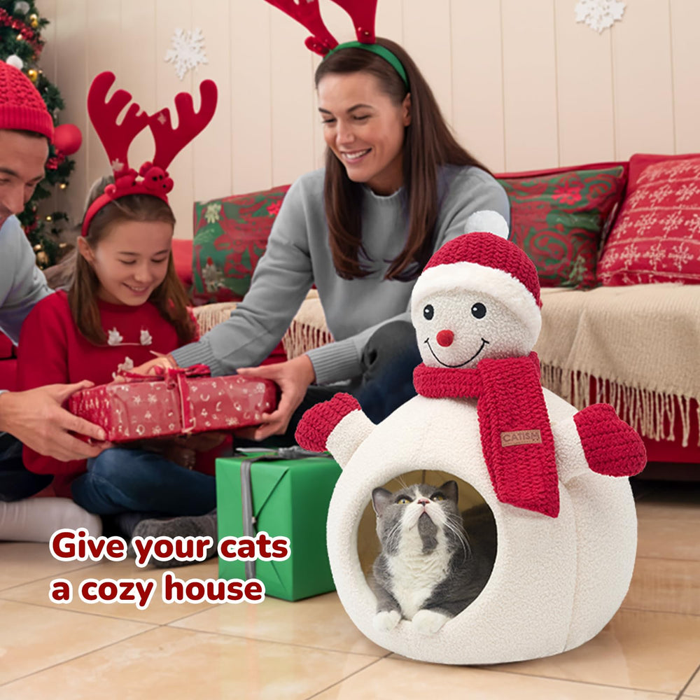 CATISM Christmas Cat Bed gift ready scene showcases holiday decor and cat comfort.