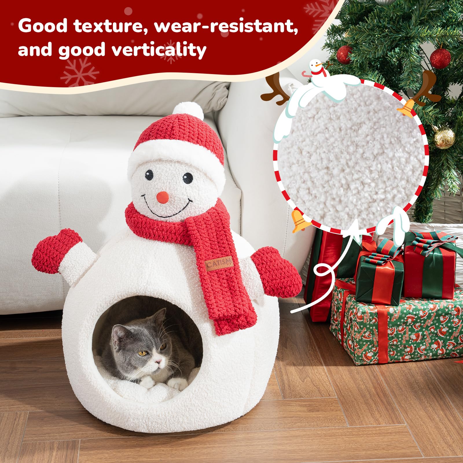 CATISM Christmas Cat Bed non slip bottom keeps bed stable on floors.