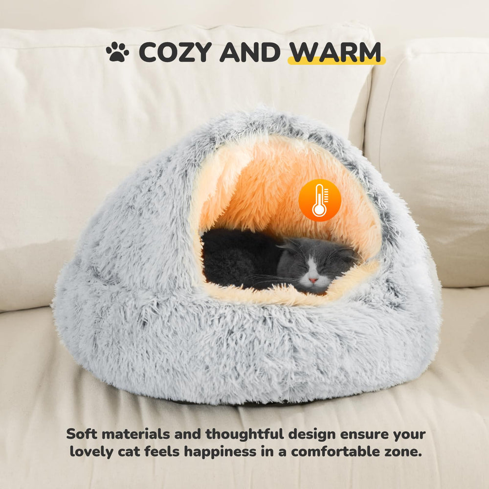 CATISM Cozy Plush Hooded Cat Bed oxford non-slip base keeps bed in place