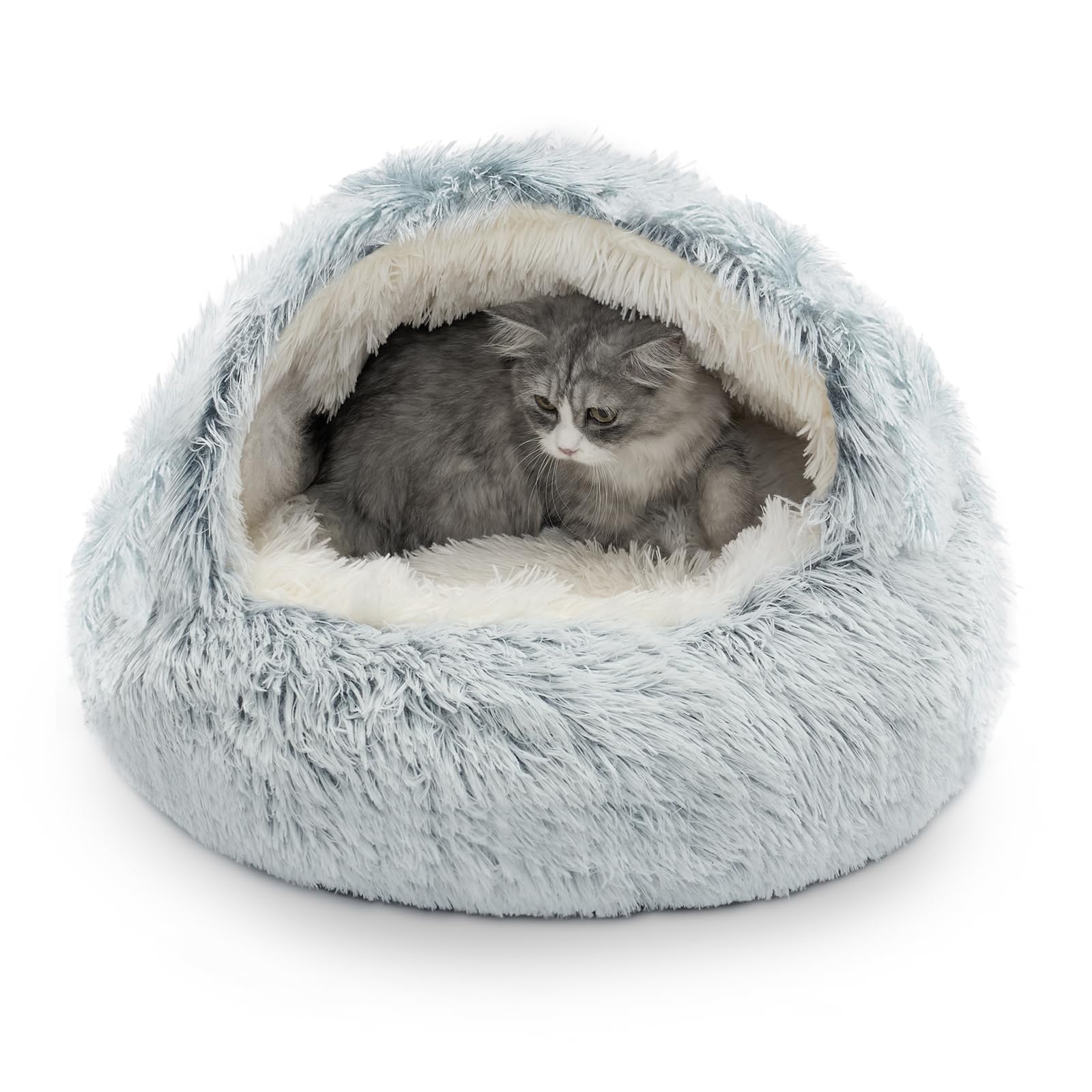 CATISM Cozy Plush Hooded Cat Bed plush fabric closeup shows cloud-soft comfort for cozy naps