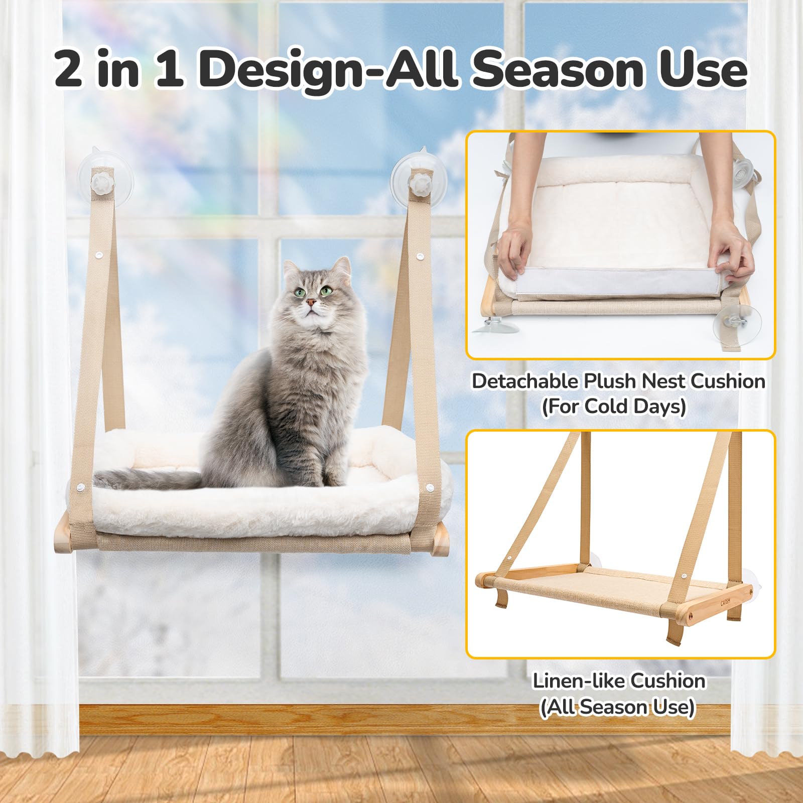 CATISM Cushion cat window perch installation demonstrating tool-free mounting on smooth surfaces.