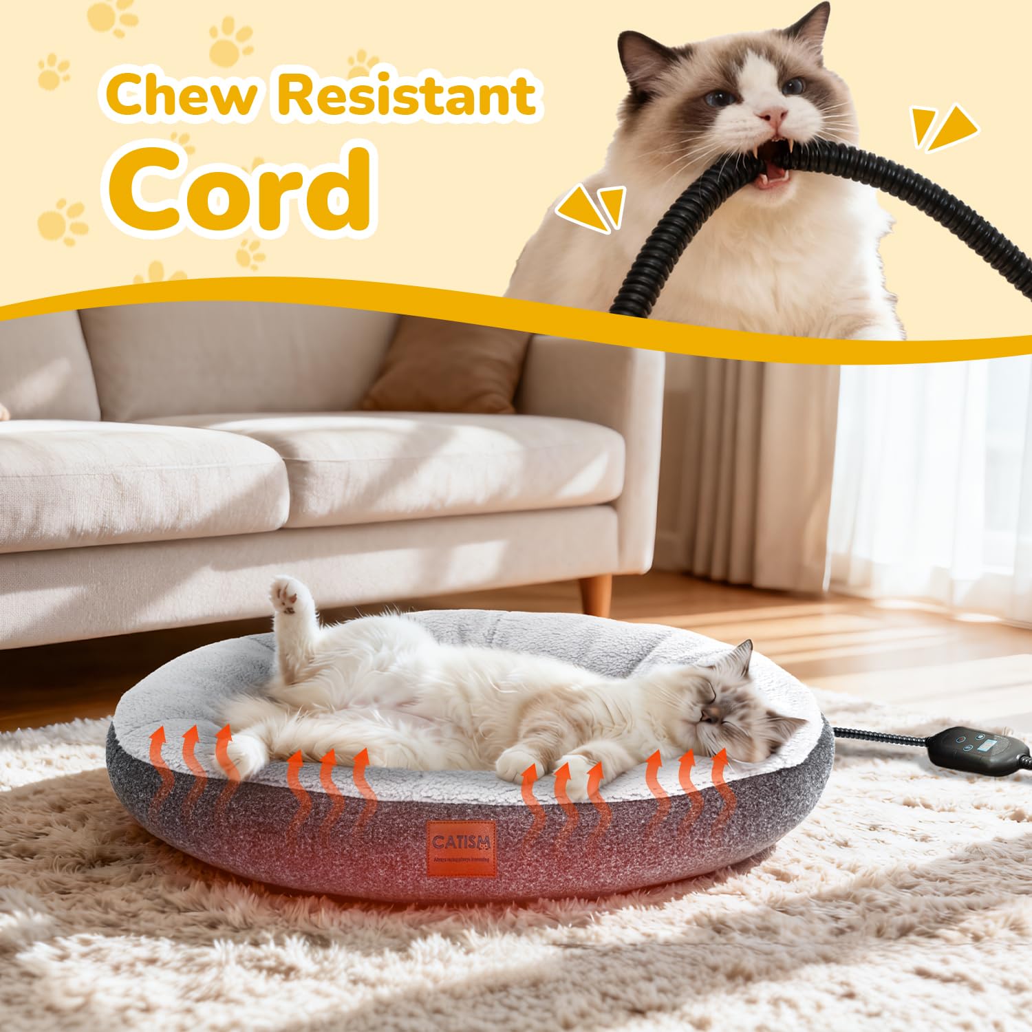 CATISM heated cat bed shown for indoor use in living room setting
